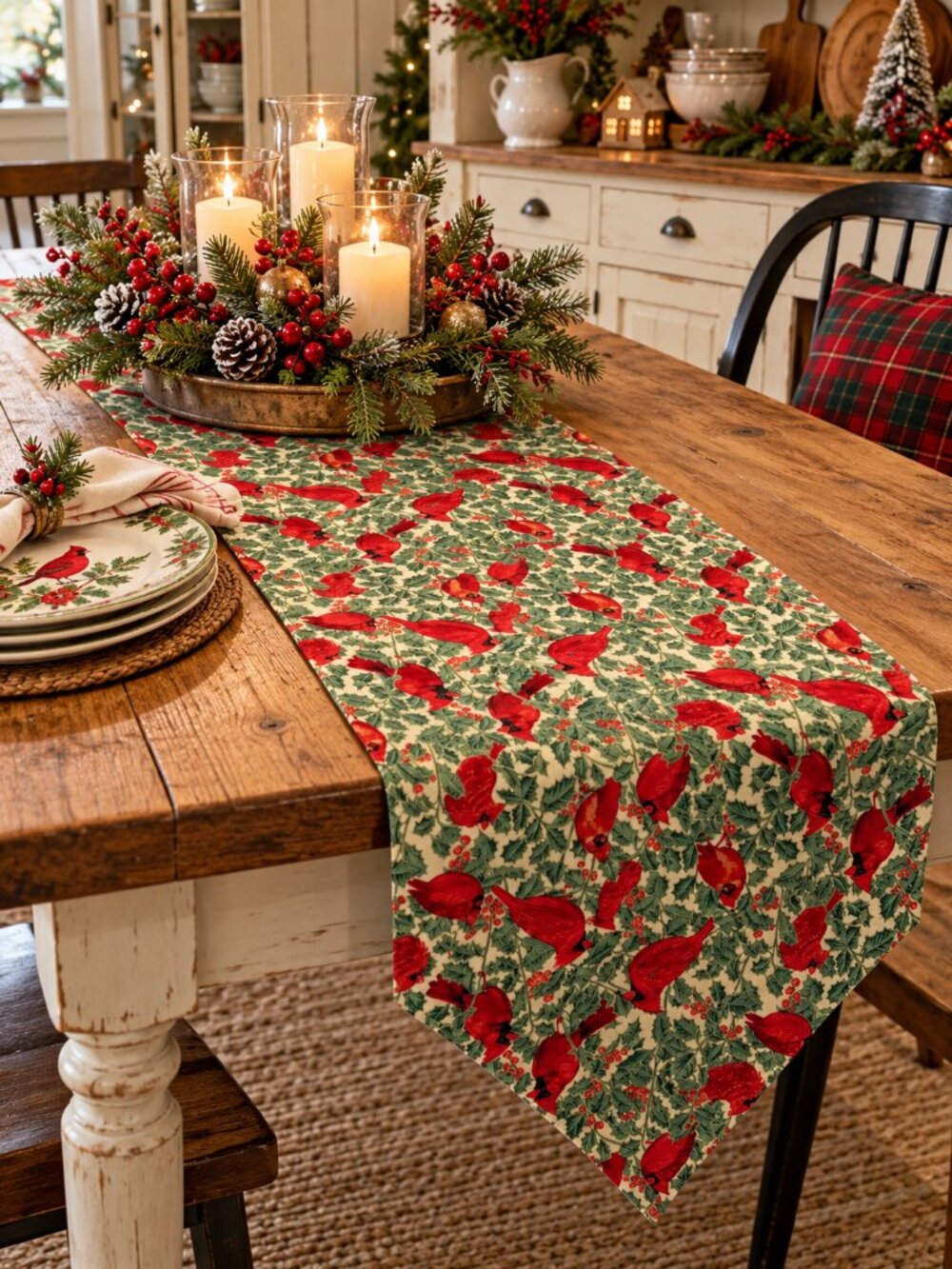 Handcrafted Christmas Cardinal & Holly Table Runner 68” Country Holiday Décor